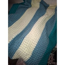 Crocheted Teal, Blue & Cream Striped Blanket
