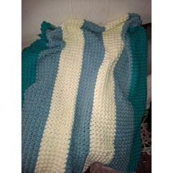 Crocheted Teal, Blue & Cream Striped Blanket