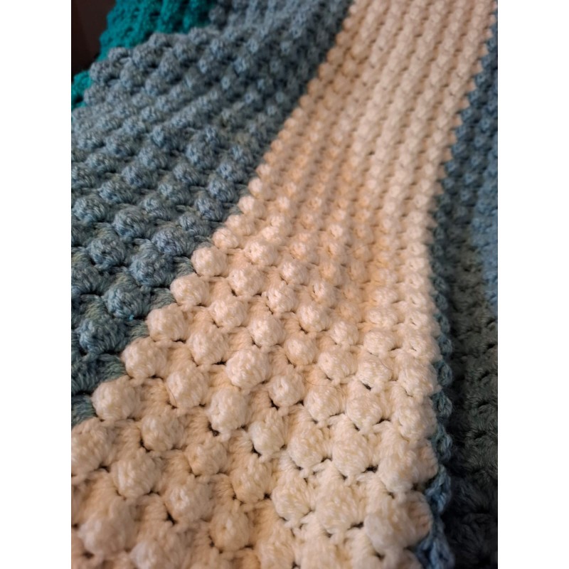 Crocheted Teal, Blue & Cream Striped Blanket