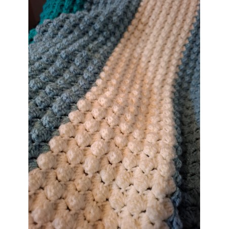 Crocheted Teal, Blue & Cream Striped Blanket