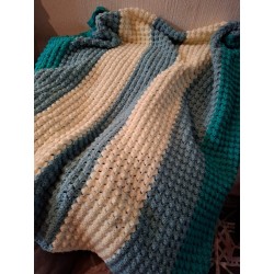 Crocheted Teal, Blue & Cream Striped Blanket